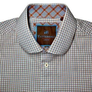 Tattersall London Cotton Check Dress Shirt in Cream/Brown/Navy Men’s 16-32/33